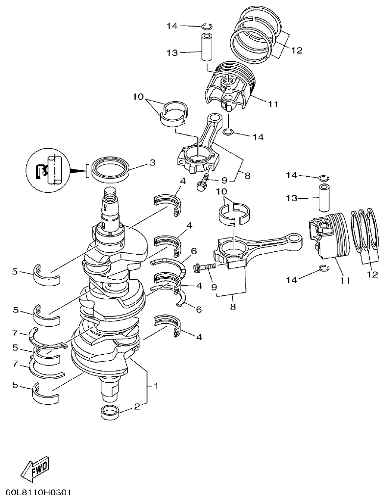 Yamaha F200BET, FL200BET CRANKSHAFT & PISTON parts diagram